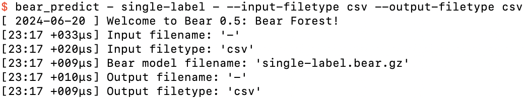Running bear_predict on single-label.bear.gz in interactive mode