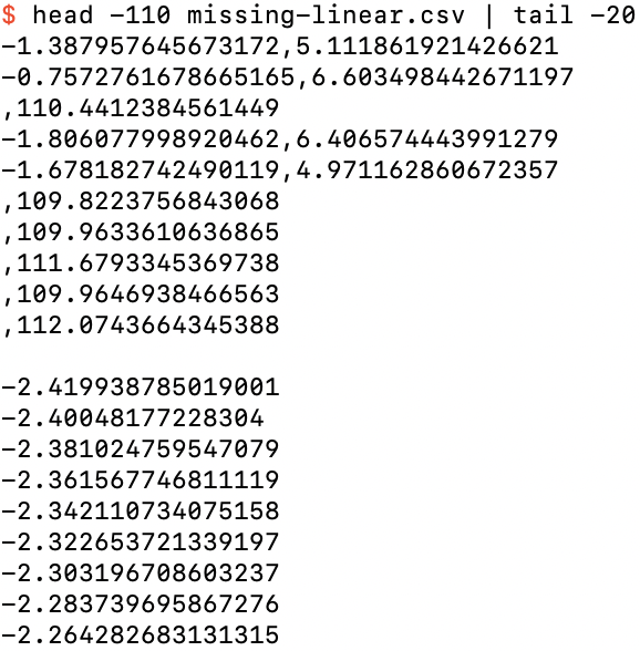 The 91st through 110th row of missing-linear.csv