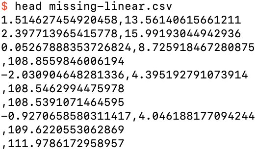 The first 10 rows of missing-linear.csv