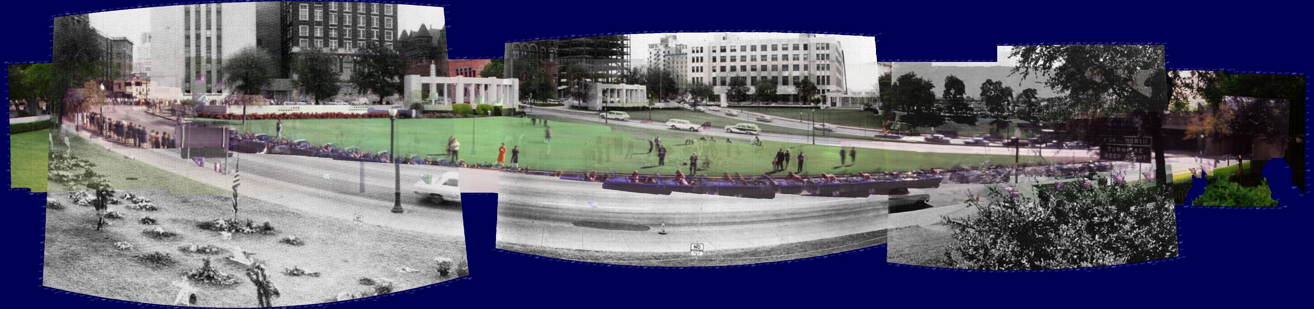 Panorama of Dealey Plaza, with gridlines, compass bearings,
        and angles of depression